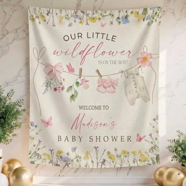 Alt view image 2 of 5 - Wildflower Baby Shower Backdrop, Personalized Floral Baby Shower Banner, Our Little Wildflower Is On The Way Sign, Custom Name Party Decoration, Linen Fabric Tapestry