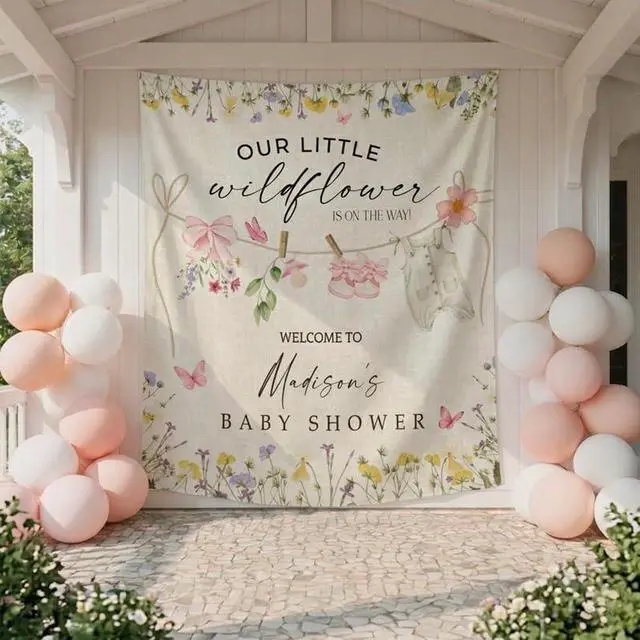 Alt view image 3 of 5 - Wildflower Baby Shower Backdrop, Personalized Floral Baby Shower Banner, Our Little Wildflower Is On The Way Sign, Custom Name Party Decoration, Linen Fabric Tapestry