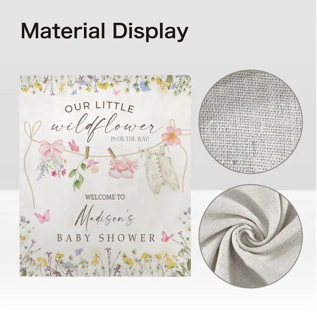 Alt view image 4 of 5 - Wildflower Baby Shower Backdrop, Personalized Floral Baby Shower Banner, Our Little Wildflower Is On The Way Sign, Custom Name Party Decoration, Linen Fabric Tapestry
