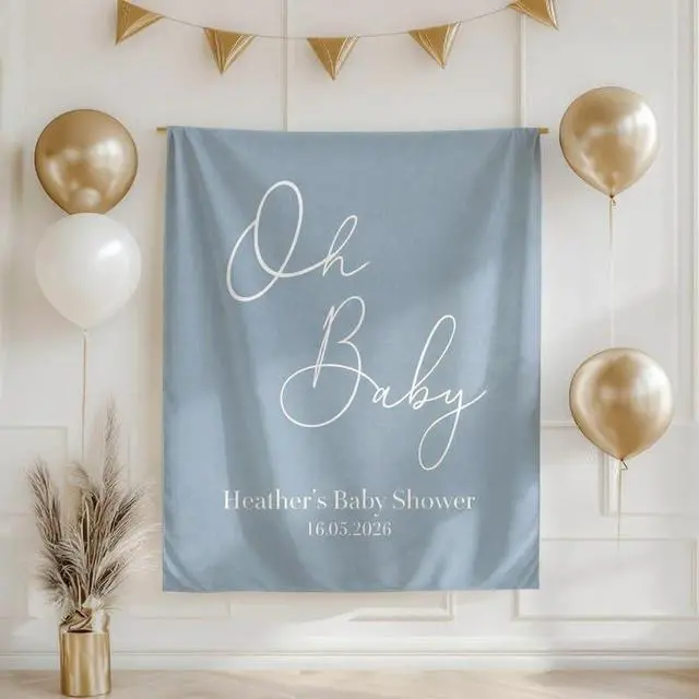 Main image of Oh Baby Shower Backdrop Banner, Personalized Baby Shower Sign with Name and Date, Minimalist Neutral Baby Shower Decoration, Custom Photo Booth Prop Gift