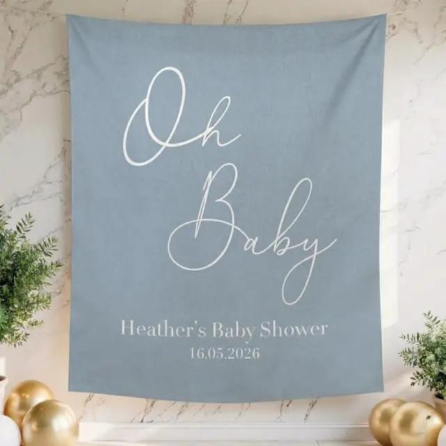 Alt view image 2 of 6 - Oh Baby Shower Backdrop Banner, Personalized Baby Shower Sign with Name and Date, Minimalist Neutral Baby Shower Decoration, Custom Photo Booth Prop Gift