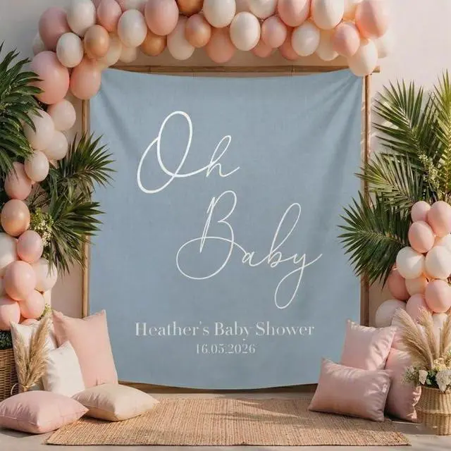 Alt view image 3 of 6 - Oh Baby Shower Backdrop Banner, Personalized Baby Shower Sign with Name and Date, Minimalist Neutral Baby Shower Decoration, Custom Photo Booth Prop Gift