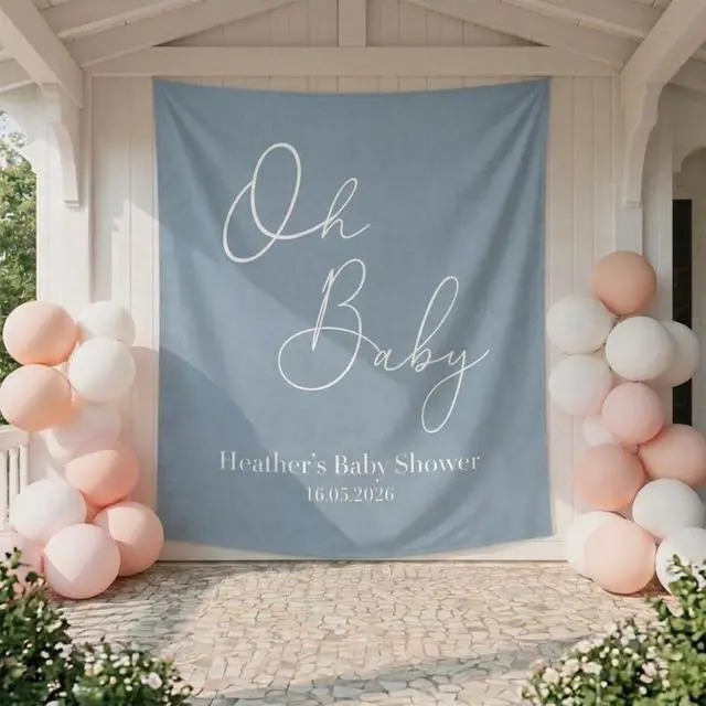 Alt view image 4 of 6 - Oh Baby Shower Backdrop Banner, Personalized Baby Shower Sign with Name and Date, Minimalist Neutral Baby Shower Decoration, Custom Photo Booth Prop Gift