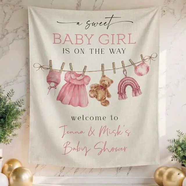 Alt view image 2 of 6 - Personalized Baby Girl Shower Backdrop, Custom Name Baby Shower Banner, Baby Girl is on the Way Sign, Teddy Bear Theme Party Decor, Photo Booth Prop Gift