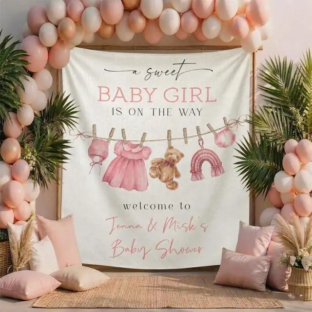 Alt view image 3 of 6 - Personalized Baby Girl Shower Backdrop, Custom Name Baby Shower Banner, Baby Girl is on the Way Sign, Teddy Bear Theme Party Decor, Photo Booth Prop Gift
