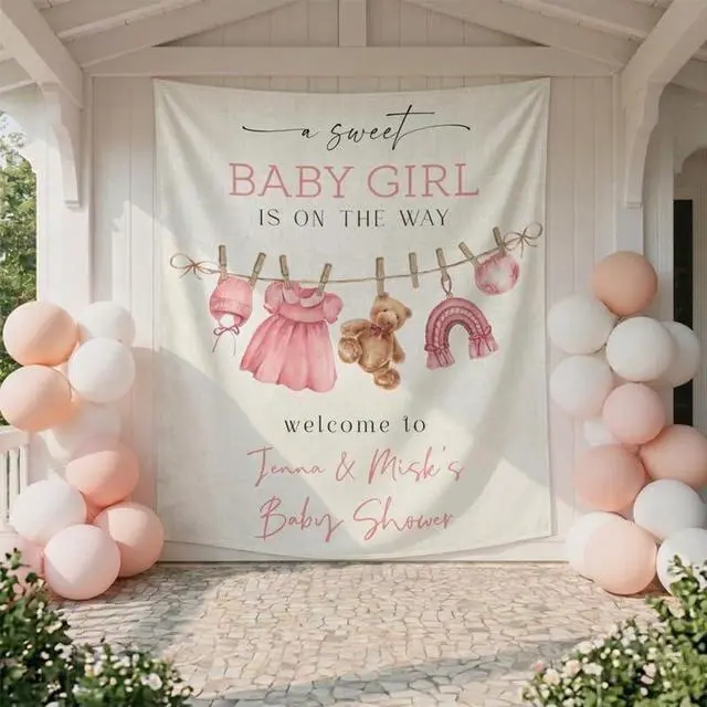 Alt view image 4 of 6 - Personalized Baby Girl Shower Backdrop, Custom Name Baby Shower Banner, Baby Girl is on the Way Sign, Teddy Bear Theme Party Decor, Photo Booth Prop Gift