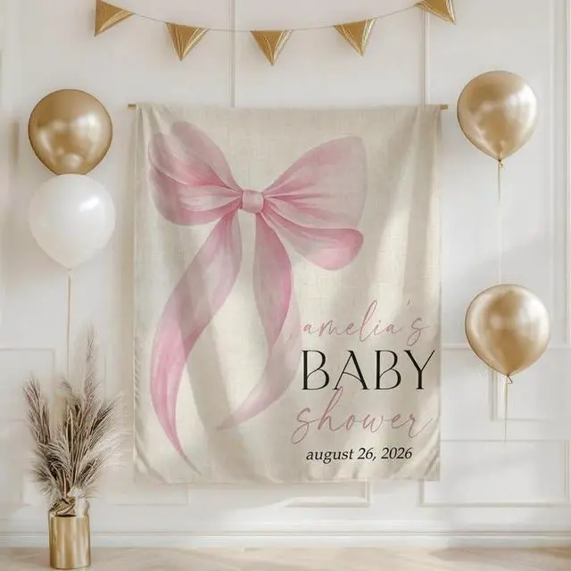 Main image of Personalized Pink Bow Baby Shower Backdrop, Custom Baby Shower Banner with Name and Date, Elegant Baby Girl Shower Decoration, Photo Booth Prop, Linen Fabric Sign
