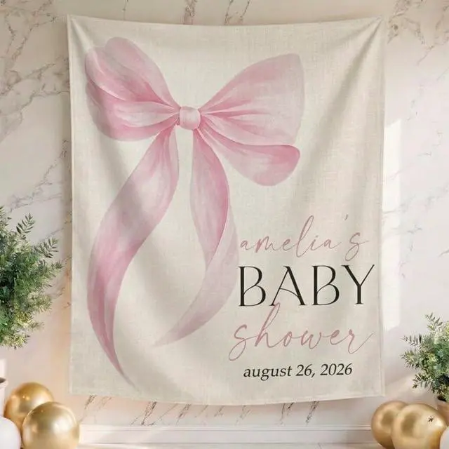 Alt view image 2 of 6 - Personalized Pink Bow Baby Shower Backdrop, Custom Baby Shower Banner with Name and Date, Elegant Baby Girl Shower Decoration, Photo Booth Prop, Linen Fabric Sign