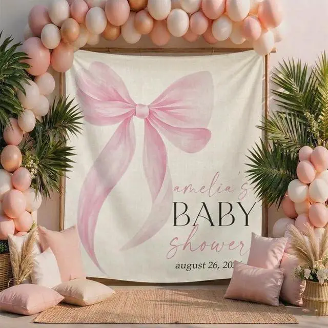 Alt view image 3 of 6 - Personalized Pink Bow Baby Shower Backdrop, Custom Baby Shower Banner with Name and Date, Elegant Baby Girl Shower Decoration, Photo Booth Prop, Linen Fabric Sign