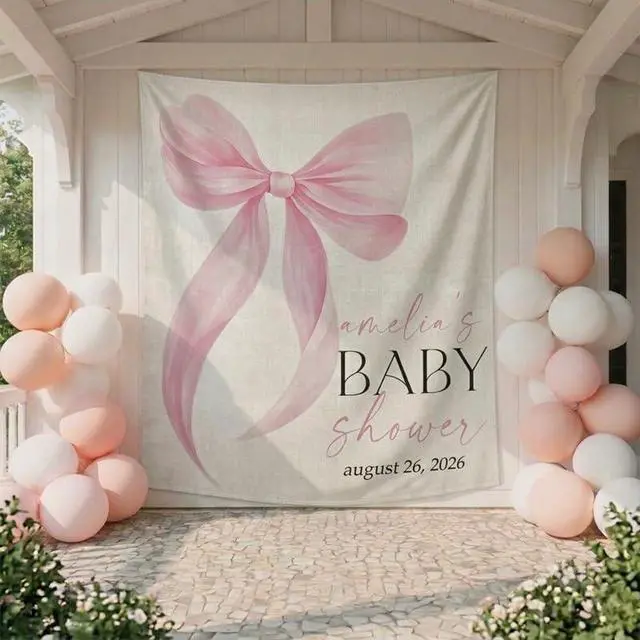 Alt view image 4 of 6 - Personalized Pink Bow Baby Shower Backdrop, Custom Baby Shower Banner with Name and Date, Elegant Baby Girl Shower Decoration, Photo Booth Prop, Linen Fabric Sign