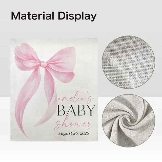 Alt view image 5 of 6 - Personalized Pink Bow Baby Shower Backdrop, Custom Baby Shower Banner with Name and Date, Elegant Baby Girl Shower Decoration, Photo Booth Prop, Linen Fabric Sign