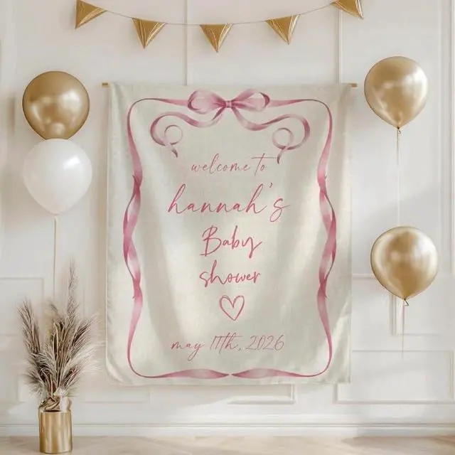 Main image of Personalized Baby Shower Welcome Banner, Custom Name Baby Shower Backdrop, Pink Ribbon Frame Party Decoration, Minimalist Baby Girl Shower Sign, Linen Fabric Tapestry