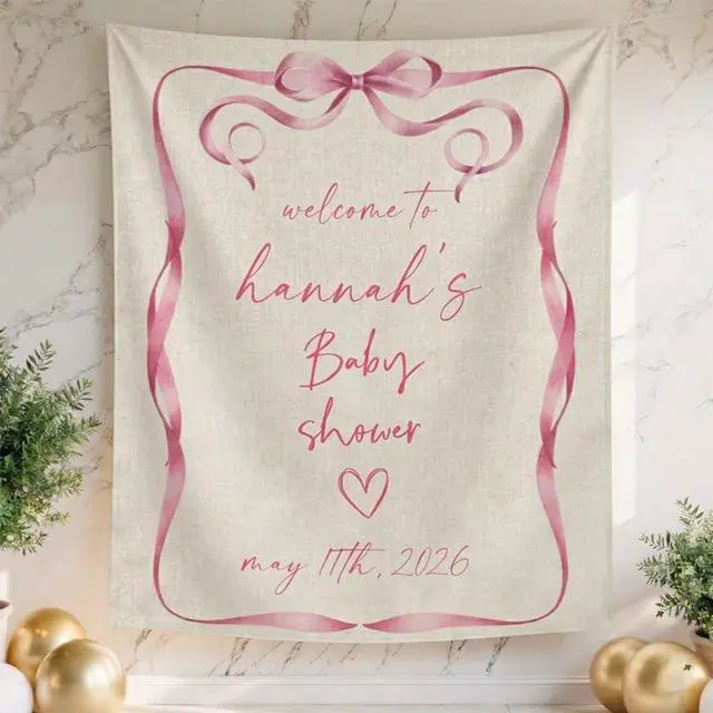 Alt view image 2 of 6 - Personalized Baby Shower Welcome Banner, Custom Name Baby Shower Backdrop, Pink Ribbon Frame Party Decoration, Minimalist Baby Girl Shower Sign, Linen Fabric Tapestry