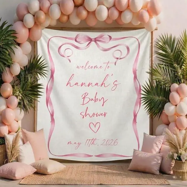 Alt view image 3 of 6 - Personalized Baby Shower Welcome Banner, Custom Name Baby Shower Backdrop, Pink Ribbon Frame Party Decoration, Minimalist Baby Girl Shower Sign, Linen Fabric Tapestry