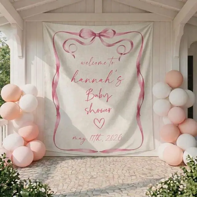 Alt view image 4 of 6 - Personalized Baby Shower Welcome Banner, Custom Name Baby Shower Backdrop, Pink Ribbon Frame Party Decoration, Minimalist Baby Girl Shower Sign, Linen Fabric Tapestry