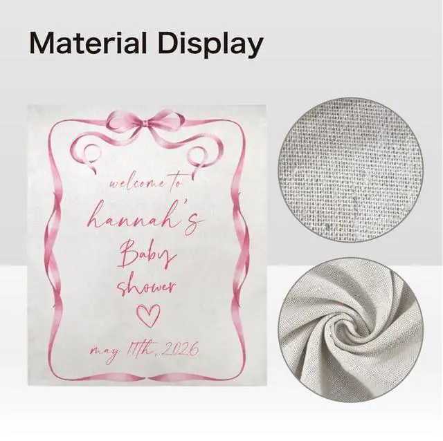 Alt view image 5 of 6 - Personalized Baby Shower Welcome Banner, Custom Name Baby Shower Backdrop, Pink Ribbon Frame Party Decoration, Minimalist Baby Girl Shower Sign, Linen Fabric Tapestry