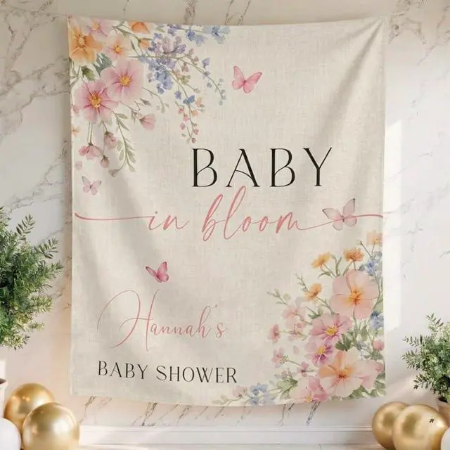 Alt view image 2 of 6 - Baby in Bloom Shower Backdrop, Personalized Floral Baby Shower Banner, Custom Name Baby Shower Sign, Spring Garden Theme Party Decor, Photo Booth Prop