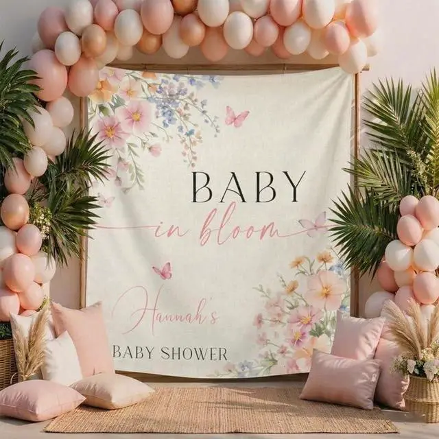Alt view image 3 of 6 - Baby in Bloom Shower Backdrop, Personalized Floral Baby Shower Banner, Custom Name Baby Shower Sign, Spring Garden Theme Party Decor, Photo Booth Prop