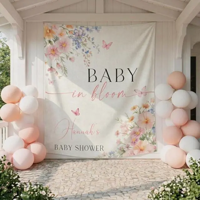 Alt view image 4 of 6 - Baby in Bloom Shower Backdrop, Personalized Floral Baby Shower Banner, Custom Name Baby Shower Sign, Spring Garden Theme Party Decor, Photo Booth Prop