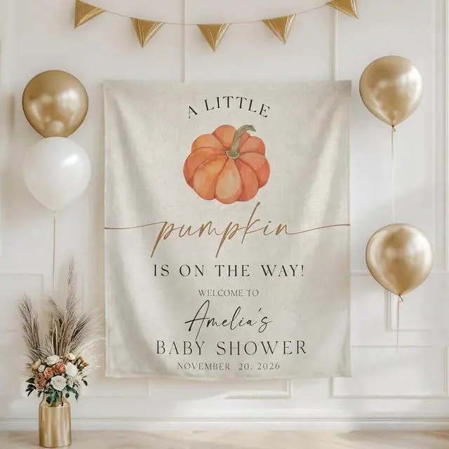 Main image of Little Pumpkin Baby Shower Backdrop, Personalized Fall Baby Shower Banner, Custom Name Autumn Theme Baby Shower Sign, Pumpkin Party Decoration, Linen Fabric Tapestry