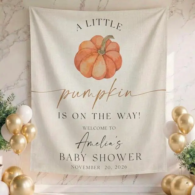 Alt view image 2 of 6 - Little Pumpkin Baby Shower Backdrop, Personalized Fall Baby Shower Banner, Custom Name Autumn Theme Baby Shower Sign, Pumpkin Party Decoration, Linen Fabric Tapestry
