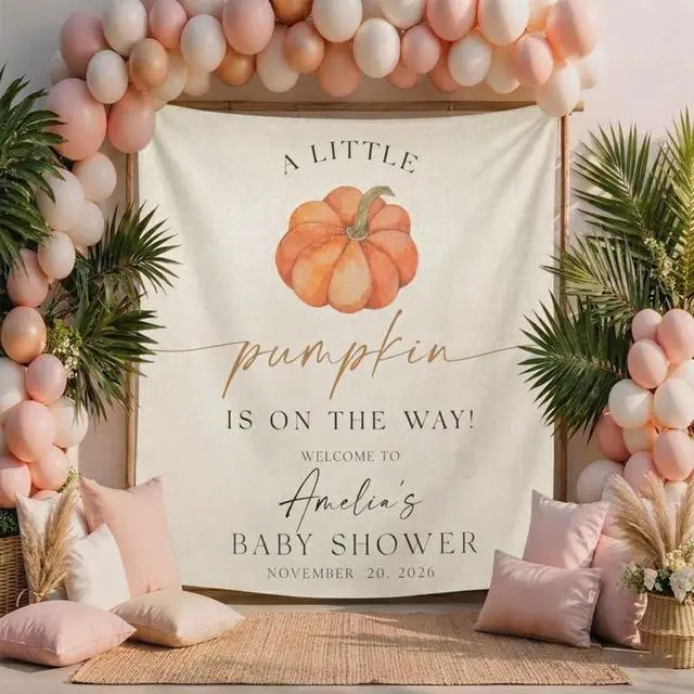 Alt view image 3 of 6 - Little Pumpkin Baby Shower Backdrop, Personalized Fall Baby Shower Banner, Custom Name Autumn Theme Baby Shower Sign, Pumpkin Party Decoration, Linen Fabric Tapestry