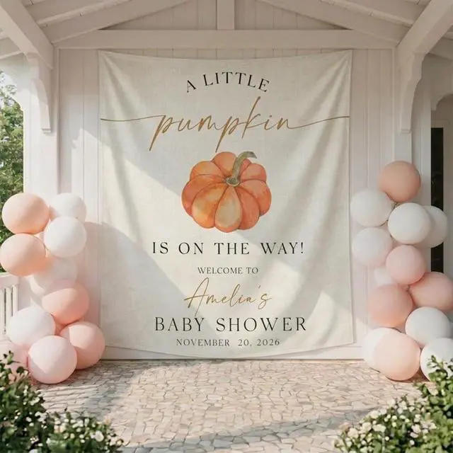 Alt view image 4 of 6 - Little Pumpkin Baby Shower Backdrop, Personalized Fall Baby Shower Banner, Custom Name Autumn Theme Baby Shower Sign, Pumpkin Party Decoration, Linen Fabric Tapestry