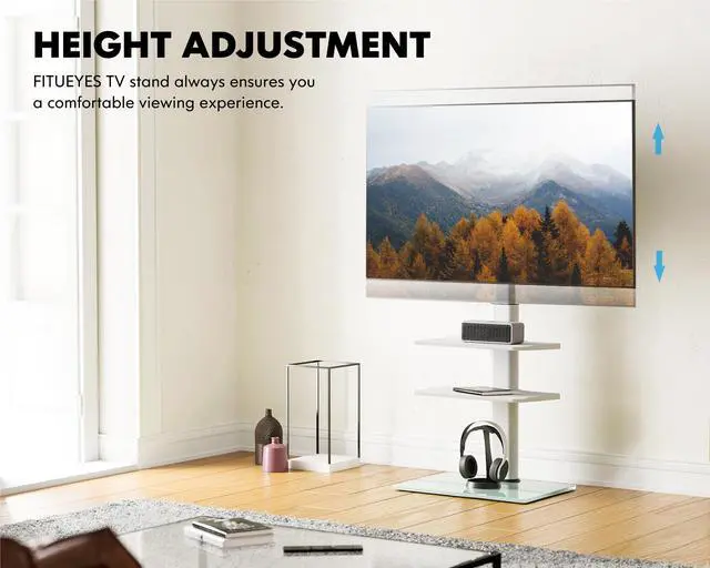 Alt view image 2 of 6 - Floor TV Stand for 32 39 40 43 49 50 55 60 Inch TVs, TV Floor Stand with Swivel Mount, Max Holds 66lbs, White Glass Base, Height Adjustable TV Mount for Corner & Bedroom