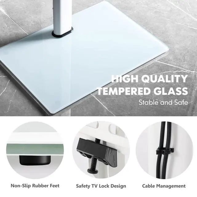 Alt view image 3 of 6 - Floor TV Stand for 32 39 40 43 49 50 55 60 Inch TVs, TV Floor Stand with Swivel Mount, Max Holds 66lbs, White Glass Base, Height Adjustable TV Mount for Corner & Bedroom
