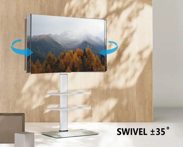 Alt view image 5 of 6 - Floor TV Stand for 32 39 40 43 49 50 55 60 Inch TVs, TV Floor Stand with Swivel Mount, Max Holds 66lbs, White Glass Base, Height Adjustable TV Mount for Corner & Bedroom