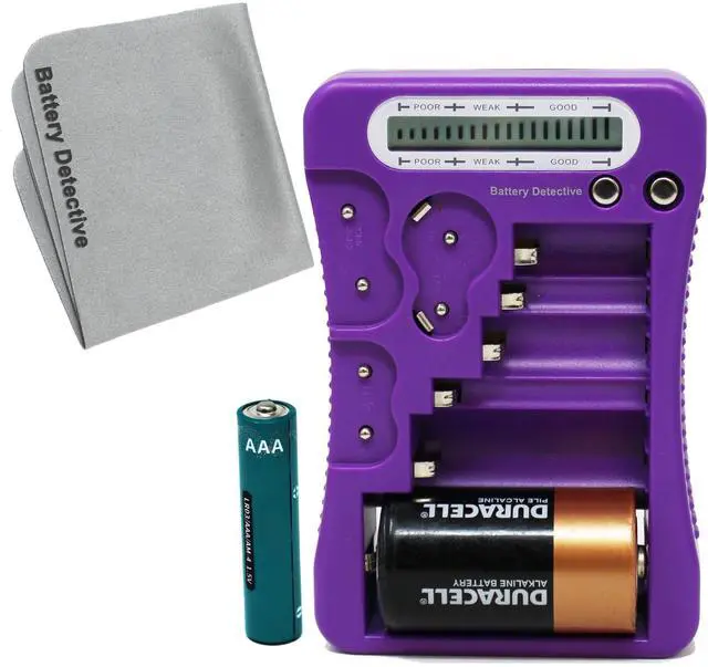 Main image of 12 Type Battery Tester with LCD Display, AAA Battery & Cloth, for Household Batteries AA AAA C D 9V CR2032 CR123A N/LR1 CR2 CR-V3 2CR5 CR-P2 1.5V/3V Button Cell Batteries (Purple)