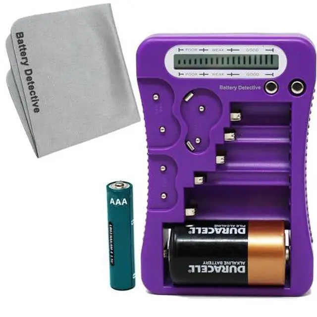 Alt view image 2 of 6 - 12 Type Battery Tester with LCD Display, AAA Battery & Cloth, for Household Batteries AA AAA C D 9V CR2032 CR123A N/LR1 CR2 CR-V3 2CR5 CR-P2 1.5V/3V Button Cell Batteries (Purple)