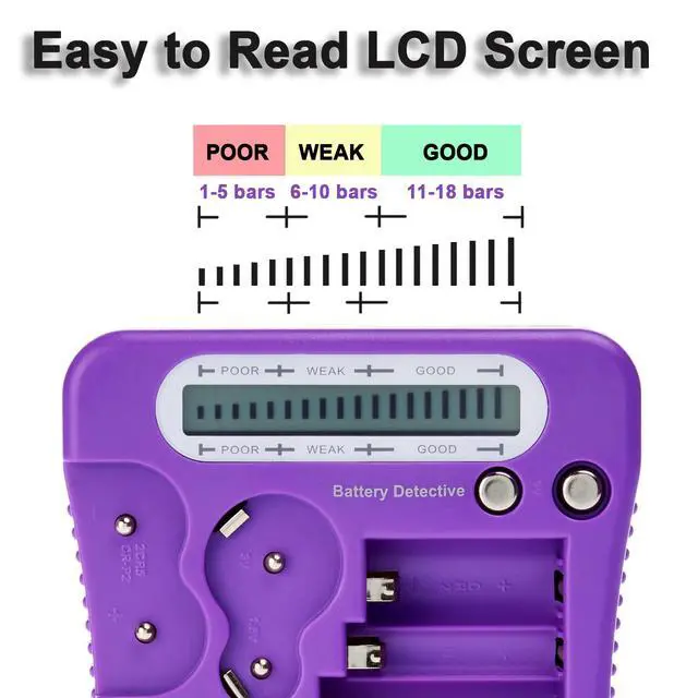 Alt view image 4 of 6 - 12 Type Battery Tester with LCD Display, AAA Battery & Cloth, for Household Batteries AA AAA C D 9V CR2032 CR123A N/LR1 CR2 CR-V3 2CR5 CR-P2 1.5V/3V Button Cell Batteries (Purple)