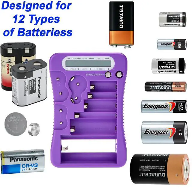 Alt view image 5 of 6 - 12 Type Battery Tester with LCD Display, AAA Battery & Cloth, for Household Batteries AA AAA C D 9V CR2032 CR123A N/LR1 CR2 CR-V3 2CR5 CR-P2 1.5V/3V Button Cell Batteries (Purple)