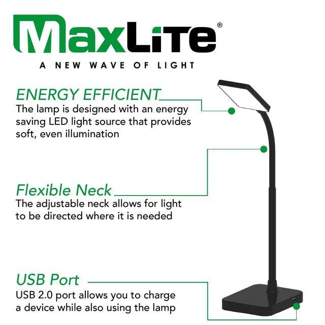 Alt view image 2 of 5 - 11.9 in. Black Integrated LED Slim Desk Lamp with USB Charging Port and Adjustable Lamp Head