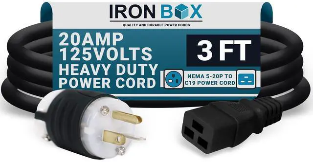 Main image of IronBox Electric 5-20P to C19 Power Cords - 20A, 125V, 12/3 SJT - UL Listed Extension Cable Adapter - Power Supply Cables - Heavy Duty Plug and Cord for Computer, PDU, Data Centers & More (3ft, Build)