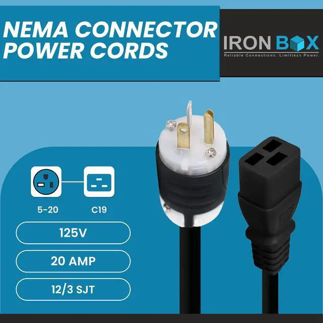 Alt view image 2 of 6 - IronBox Electric 5-20P to C19 Power Cords - 20A, 125V, 12/3 SJT - UL Listed Extension Cable Adapter - Power Supply Cables - Heavy Duty Plug and Cord for Computer, PDU, Data Centers & More (3ft, Build)
