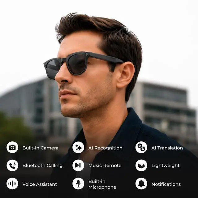 Alt view image 2 of 6 - Aura Pro AI Smart Glasses with 1080p Camera, Bluetooth Audio Sunglasses, Open-Ear Speakers, AI Translation, Object Recognition, Blue Light & UV Protection, 7-Hour Battery
