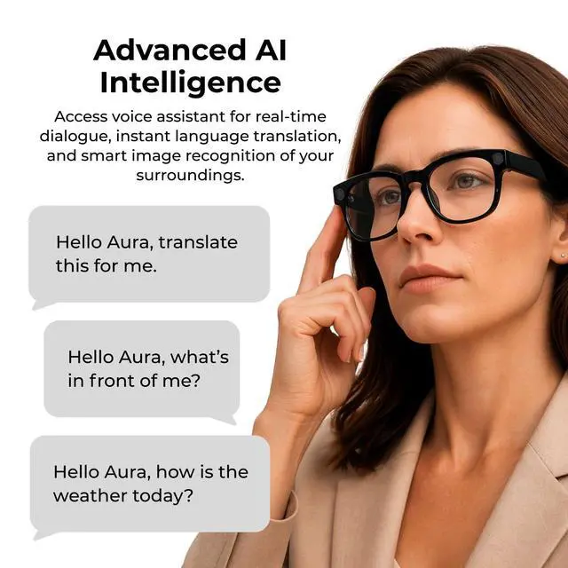 Alt view image 4 of 6 - Aura Pro AI Smart Glasses with 1080p Camera, Bluetooth Audio Sunglasses, Open-Ear Speakers, AI Translation, Object Recognition, Blue Light & UV Protection, 7-Hour Battery