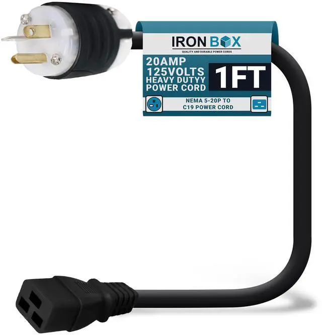 Main image of IronBox Electric 5-20P to C19 Power Cords - 20A, 125V, 12/3 SJT - UL Listed Extension Cable Adapter - Power Supply Cables - Heavy Duty Plug and Cord for Computer, PDU, Data Centers & More (1ft, Build)