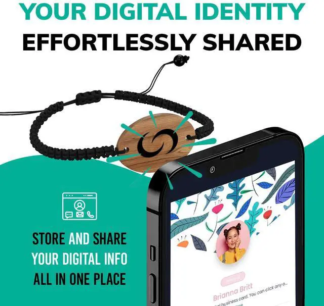 Alt view image 2 of 6 - Digital Business Card Bracelet with Tap to Share Info for iOS & Android | Instant App-Free Sharing, Lightweight Smart Band, Woven, Wooden Bracelet