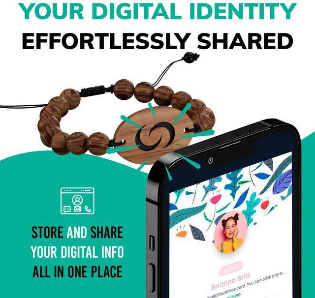 Alt view image 2 of 6 - Digital Business Card Bracelet with Tap to Share Info for iOS & Android | Instant App-Free Sharing, Lightweight Smart Band, Beaded, Wooden Bracelet
