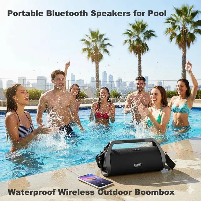 Alt view image 3 of 6 - 80W Loud Boombox Outdoor Speaker, IP66 Waterproof & Dustproof | Bluetooth/AUX/USB/Mic Inputs, Punchy Bass, Strap & Handle, No Lights, for Yoga Instructors, Meditation, Pilates, Fitness