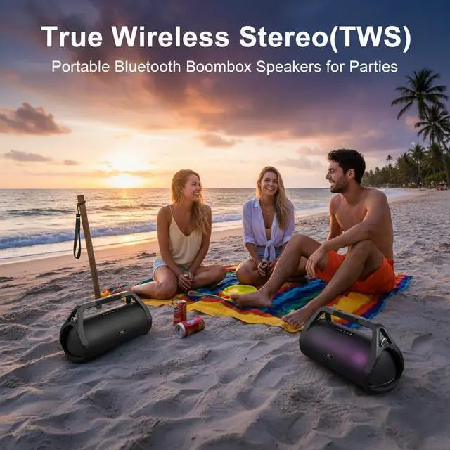 Alt view image 6 of 6 - 80W Loud Boombox Outdoor Speaker, IP66 Waterproof & Dustproof | Bluetooth/AUX/USB/Mic Inputs, Punchy Bass, Strap & Handle, No Lights, for Yoga Instructors, Meditation, Pilates, Fitness