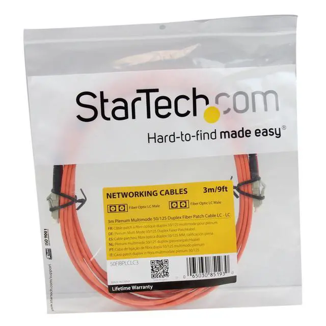 Alt view image 4 of 4 - StarTech 3m OM2 Multimode Fiber, LC to LC, Plenum (50FIBPLCLC3) | 50/125 fiber, OFNP plenum fire rating, Optic Cable, Patch Cable, 500MHz bandwidth, Molded male connectors, Duplex Plenum