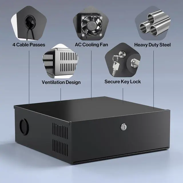 Alt view image 4 of 6 - Heavy Duty DVR Lock Box, Security Lockbox NVR, 15.5 x 15.5 x 5.5 | Heavy Duty 18 Gauge Steel Security Enclosure with AC Fan Removable Lid, Storage Locker for DVR Equipment Camera Enclosure