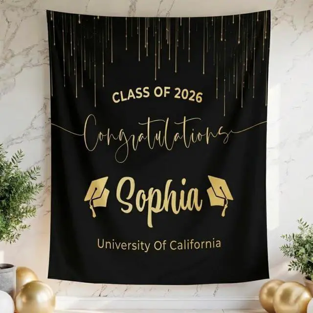Main image of Personalized Graduation Backdrop 2026, Elegant Black Gold Graduation Banner with Name, Class of 2026 Party Decoration, Graduation Photo Booth Linen Fabric Sign