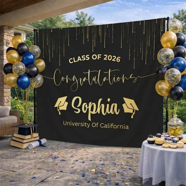 Alt view image 2 of 6 - Personalized Graduation Backdrop 2026, Elegant Black Gold Graduation Banner with Name, Class of 2026 Party Decoration, Graduation Photo Booth Linen Fabric Sign