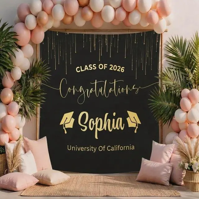 Alt view image 3 of 6 - Personalized Graduation Backdrop 2026, Elegant Black Gold Graduation Banner with Name, Class of 2026 Party Decoration, Graduation Photo Booth Linen Fabric Sign