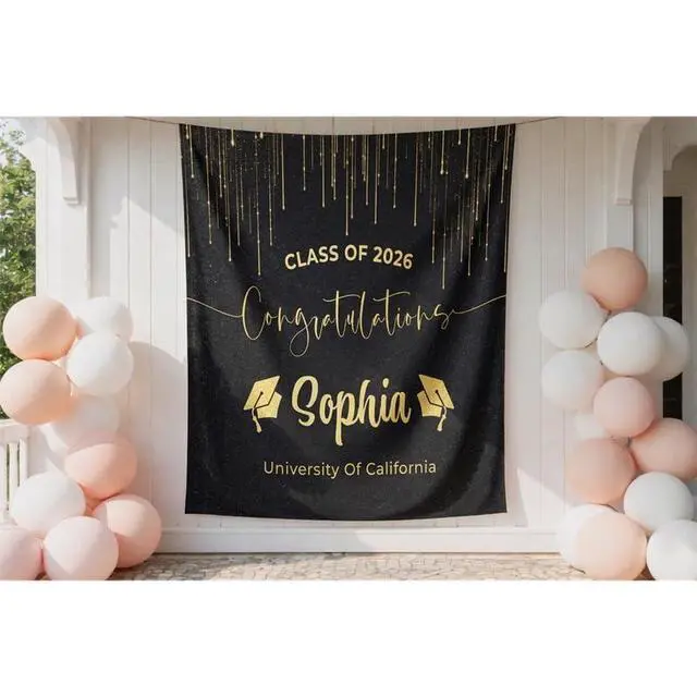 Alt view image 4 of 6 - Personalized Graduation Backdrop 2026, Elegant Black Gold Graduation Banner with Name, Class of 2026 Party Decoration, Graduation Photo Booth Linen Fabric Sign